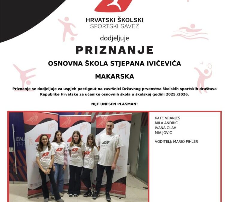 Priznanje za uspjeh na završnici Državnog prvenstva školskih sportskih društava RH